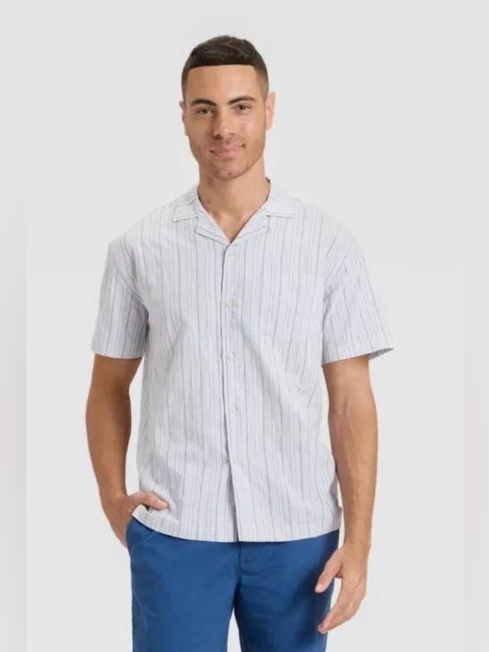 Goodfellow & CO The Vacay Collection Men's Short-Sleeve Striped Camp Blue Shirt